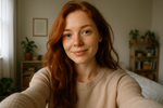 genera una imagen de una modelo peli roja, esta modelo se ve super natural como si se estuviese tomando una selfie, ropa super casual, se encuentra en su habitacion, su cabello se ve hermoso